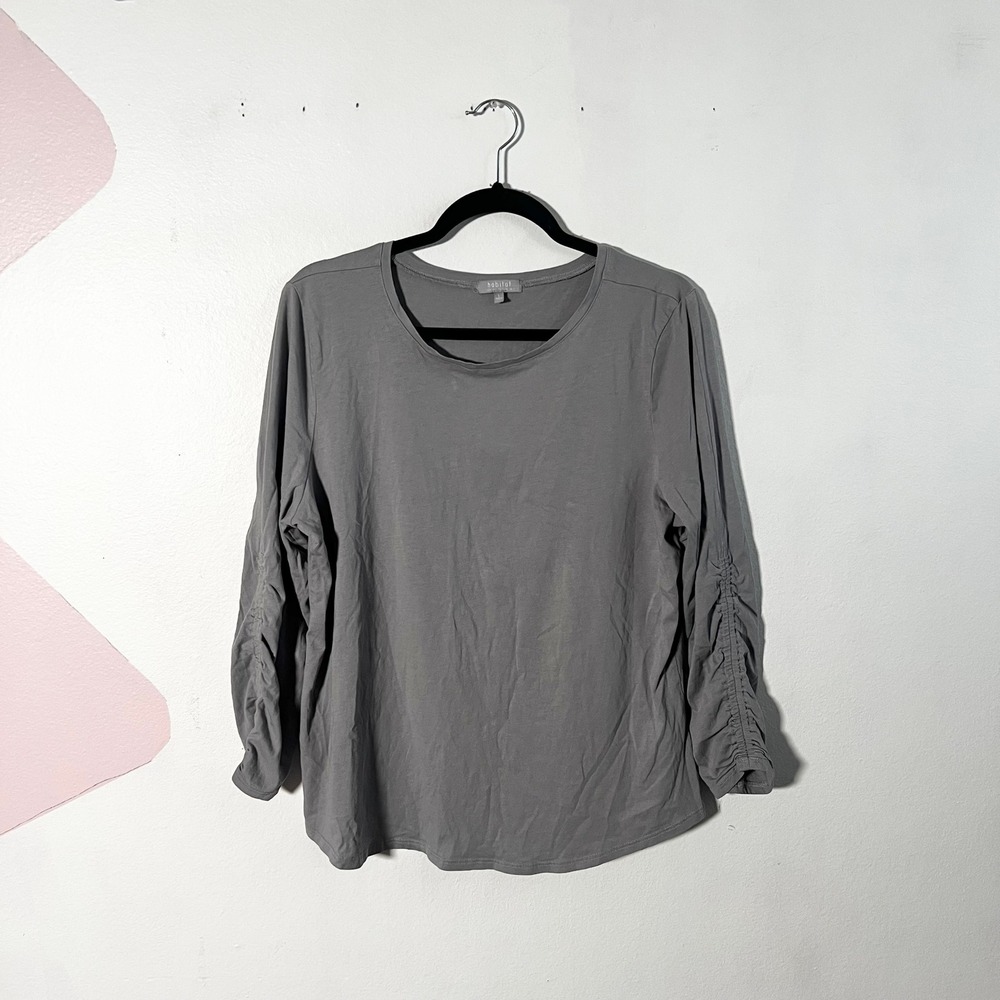 Habitat 100% Cotton Top Large Gray Ruched Long Sleeve Lagenlook
